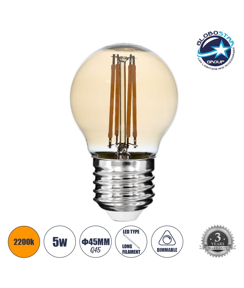 GLOBOSTAR® SPHERE 99035 Λάμπα E27 G45 LED 5W 450lm 360° AC 220-240V IP20 Ultra Θερμό Λευκό 2200K Dimmable - Long Filament Chip - Μελί - Μ4.5 x Π4.5 x Υ7.5cm - 3 Χρόνια Εγγύηση
